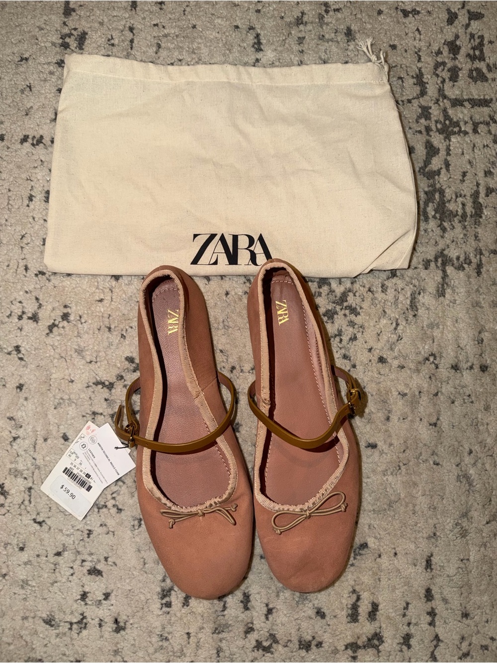 ZARA REAL LEATHER Pink Ballet Flats with Brown Ankle Strap and Bow